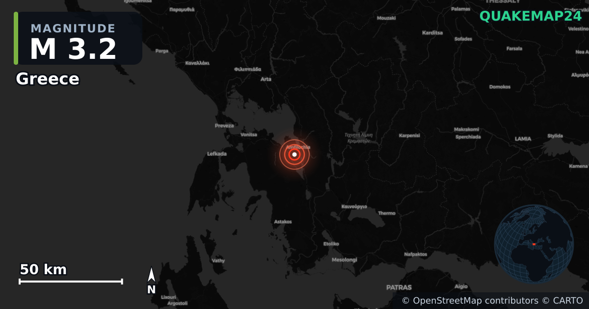 M3.2 earthquake near Greece on Apr 5, 2026 — map of epicenter and shaking intensity | QuakeMap24