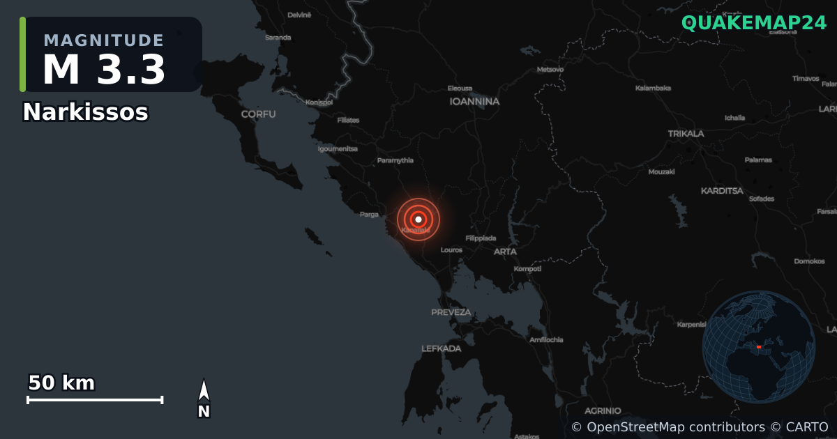 Sismo de M3,3 perto de Narkissos, Epirus (Grécia) · 2026-10-14 — Mapa da localização do epicentro