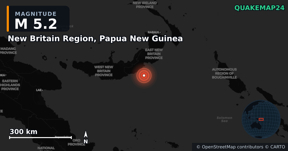 New Britain Region, Papua New Guinea yakınında M5,2 deprem — Deprem merkez üssünün konumunu gösteren harita