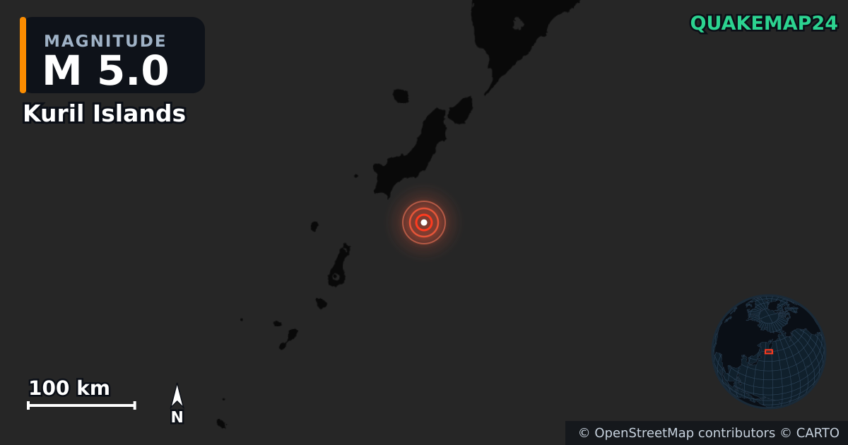 M5.0 earthquake near Kuril Islands on Aug 14, 2025 — map of epicenter and shaking intensity | QuakeMap24