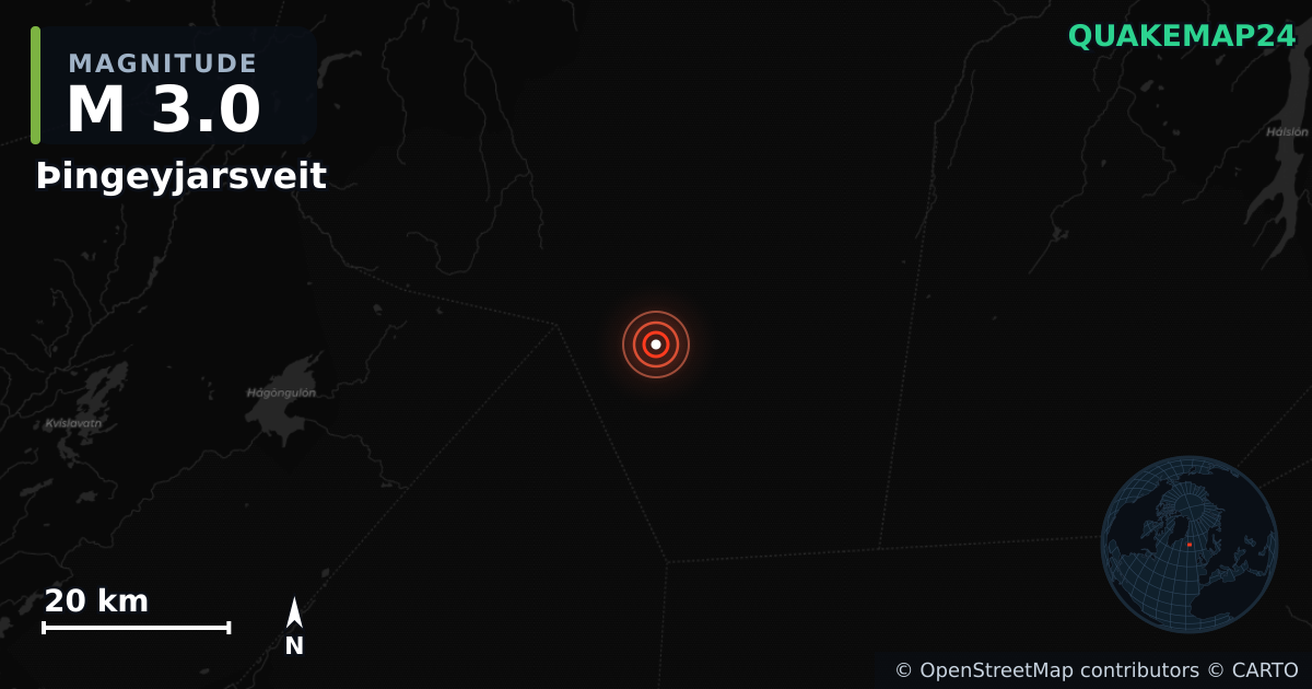 M3.0 earthquake near Þingeyjarsveit on Jul 6, 2026 — map of epicenter and shaking intensity | QuakeMap24