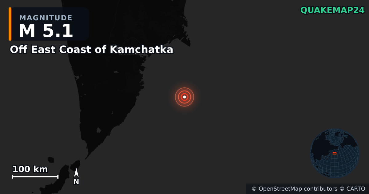 M5.1 earthquake near Off East Coast of Kamchatka on Aug 3, 2025 — map of epicenter and shaking intensity | QuakeMap24