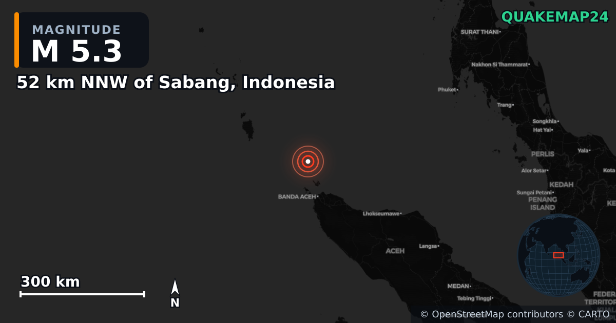M5.3 earthquake near 52 km NNW of Sabang, Indonesia on Jul 5, 2025 — map of epicenter and shaking intensity | QuakeMap24