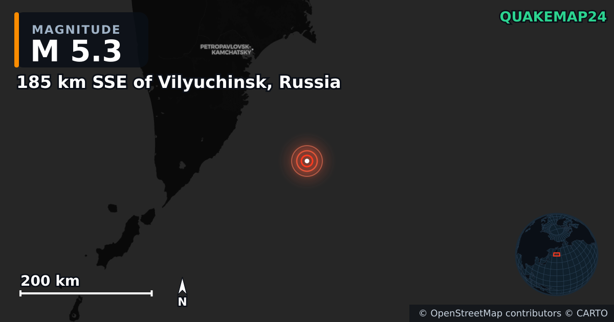 M5.3 earthquake near 185 km SSE of Vilyuchinsk, Russia on Sep 11, 2025 — map of epicenter and shaking intensity | QuakeMap24