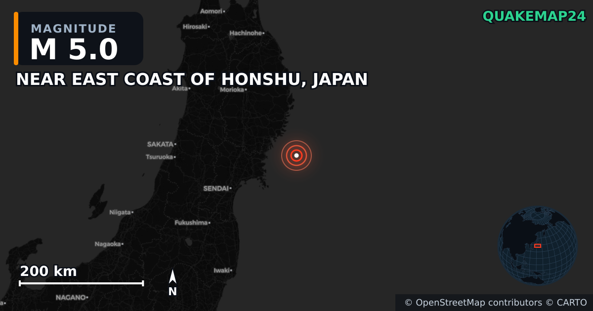 M5.0 earthquake near NEAR EAST COAST OF HONSHU, JAPAN on Oct 1, 2025 — map of epicenter and shaking intensity | QuakeMap24