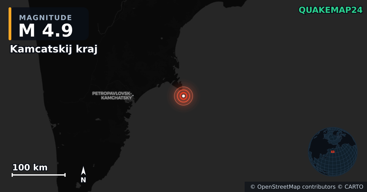 M4.9 earthquake near Kamcatskij kraj on Sep 19, 2025 — map of epicenter and shaking intensity | QuakeMap24