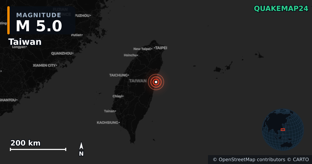 M5.0 earthquake near Taiwan on Oct 7, 2025 — map of epicenter and shaking intensity | QuakeMap24