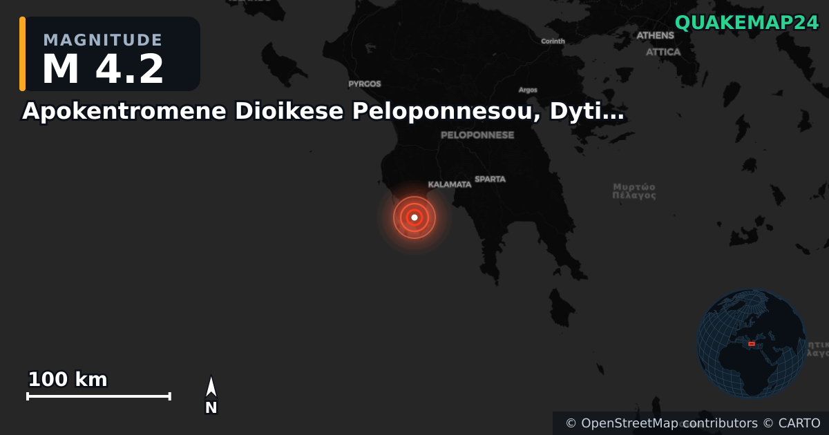 M4.2 earthquake near Apokentromene Dioikese Peloponnesou, Dytikes Elladas kai Ioniou on May 27, 2025 — map of epicenter and shaking intensity | QuakeMap24