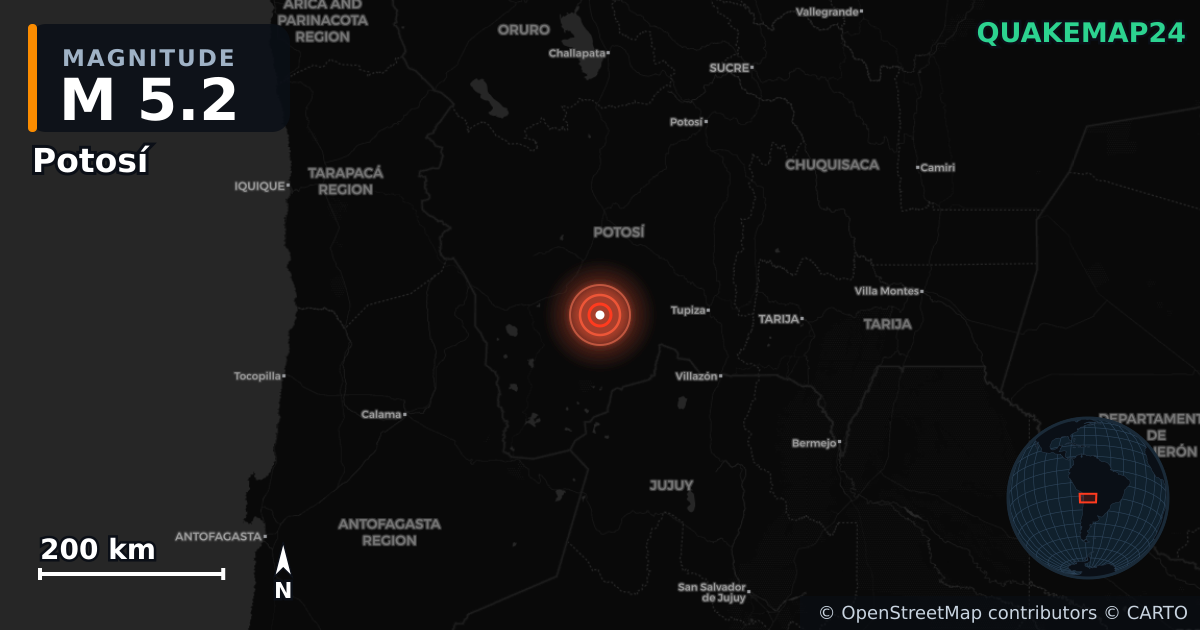 M5.2 earthquake near Potosí on May 29, 2025 — map of epicenter and shaking intensity | QuakeMap24