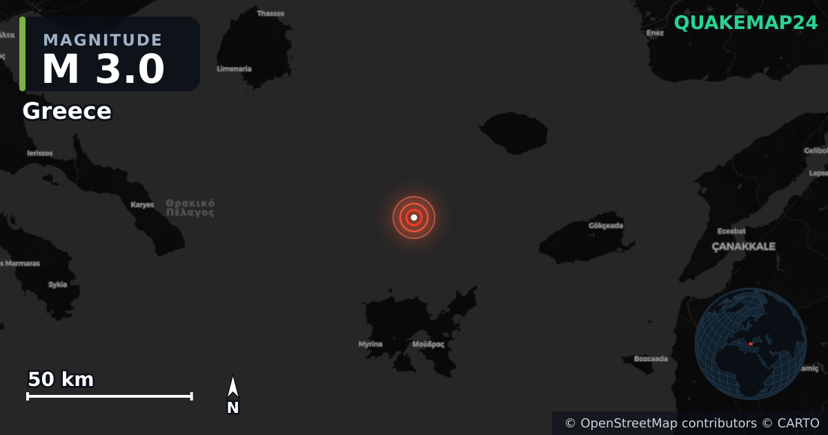 M3.0 earthquake near Greece on Jul 2, 2026 — map of epicenter and shaking intensity | QuakeMap24