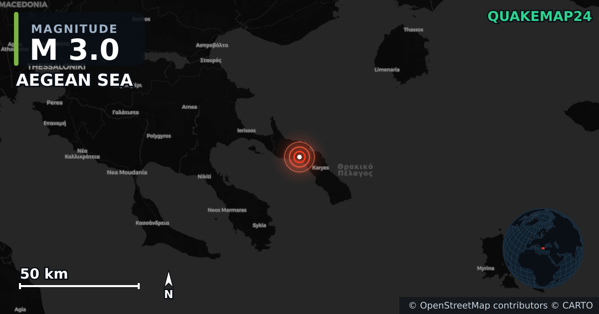 M3.0 earthquake near AEGEAN SEA on Jun 7, 2025 — map of epicenter and shaking intensity | QuakeMap24