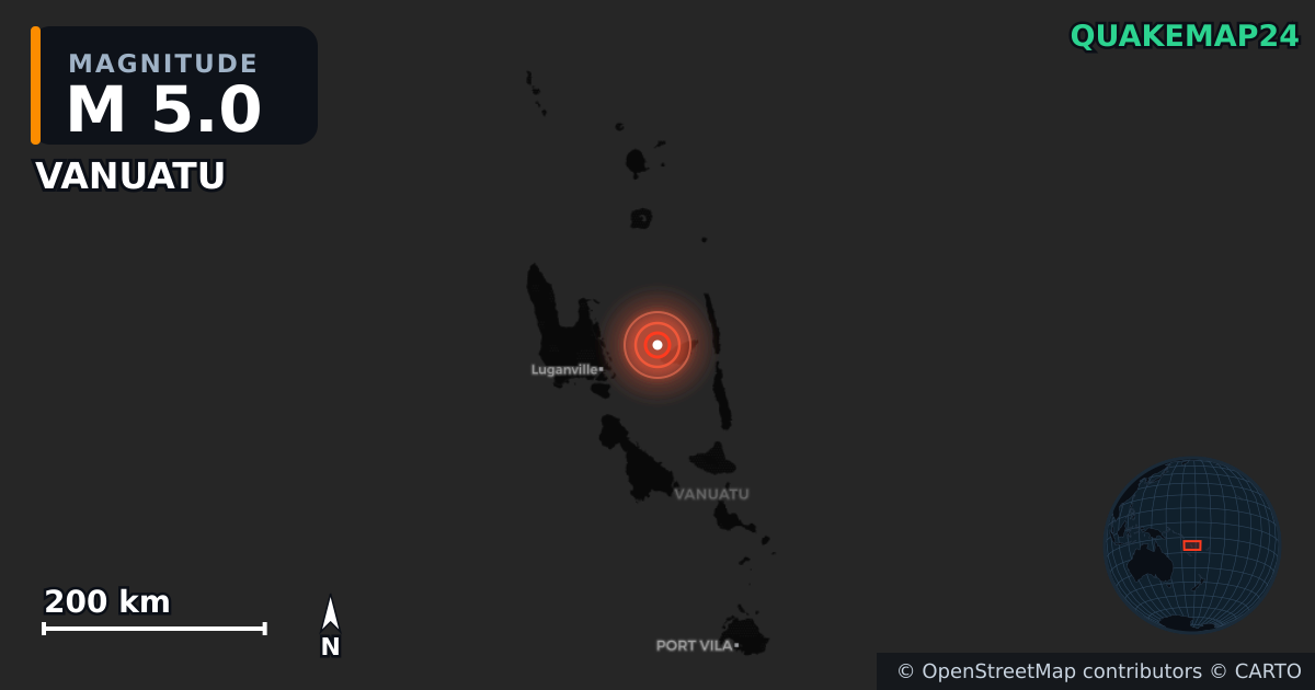 M5.0 earthquake near VANUATU on Mar 30, 2026 — map of epicenter and shaking intensity | QuakeMap24