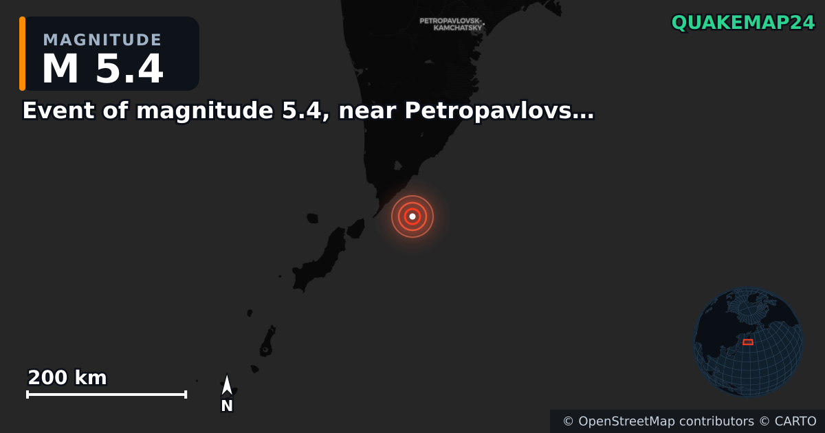 M5.4 earthquake near Event of magnitude 5.4, near Petropavlovsk Kamchatskiy (Monde) on May 17, 2026 — map of epicenter and shaking intensity | QuakeMap24