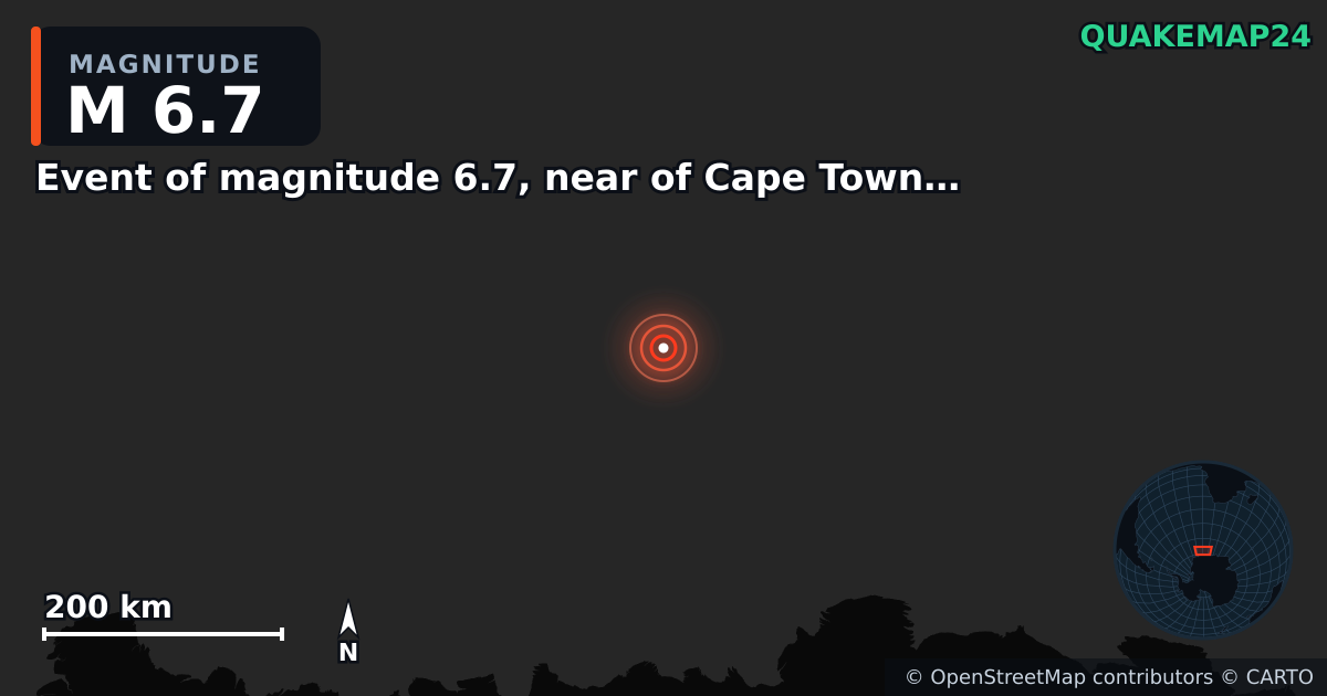 M6.7 Earthquake near Event of magnitude 6.7, near of Cape Town (Monde) · 2025-09-13 — Map showing the location of the epicenter