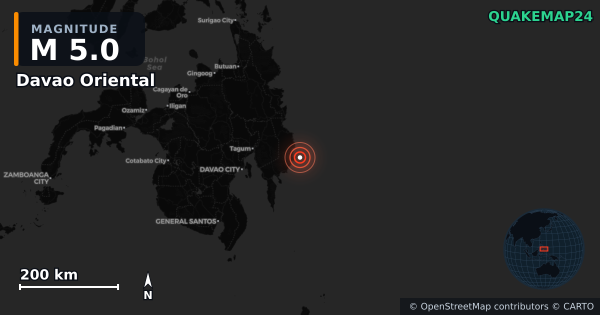 M5.0 earthquake near Davao Oriental on Oct 14, 2025 — map of epicenter and shaking intensity | QuakeMap24