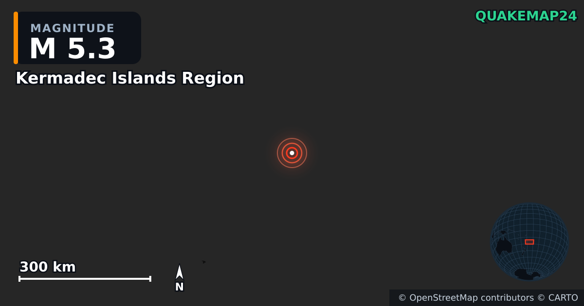 M5.3 earthquake near Kermadec Islands Region on Dec 9, 2025 — map of epicenter and shaking intensity | QuakeMap24