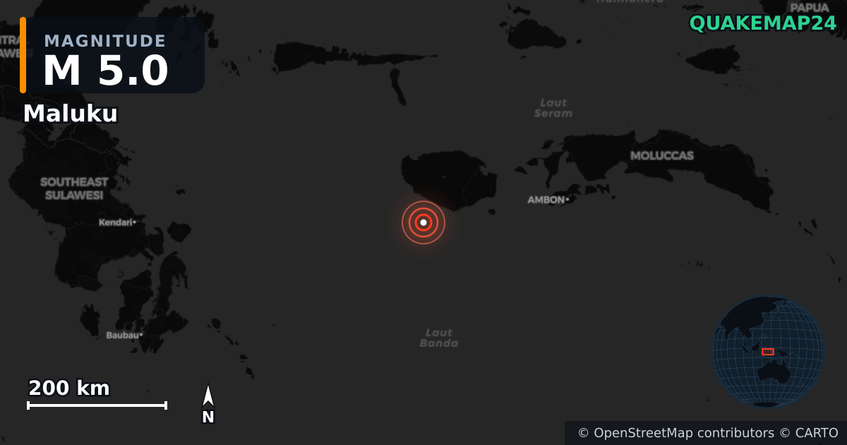 M5.0 earthquake near Maluku on Oct 22, 2025 — map of epicenter and shaking intensity | QuakeMap24