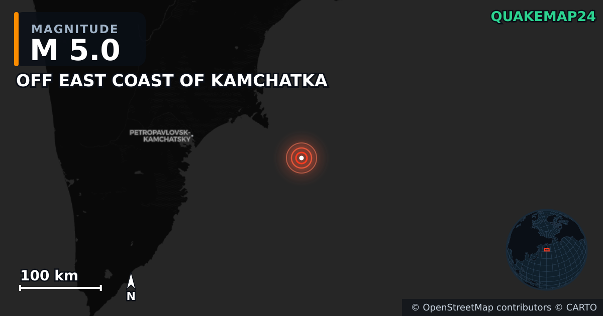 M5.0 earthquake near OFF EAST COAST OF KAMCHATKA on Jul 20, 2025 — map of epicenter and shaking intensity | QuakeMap24