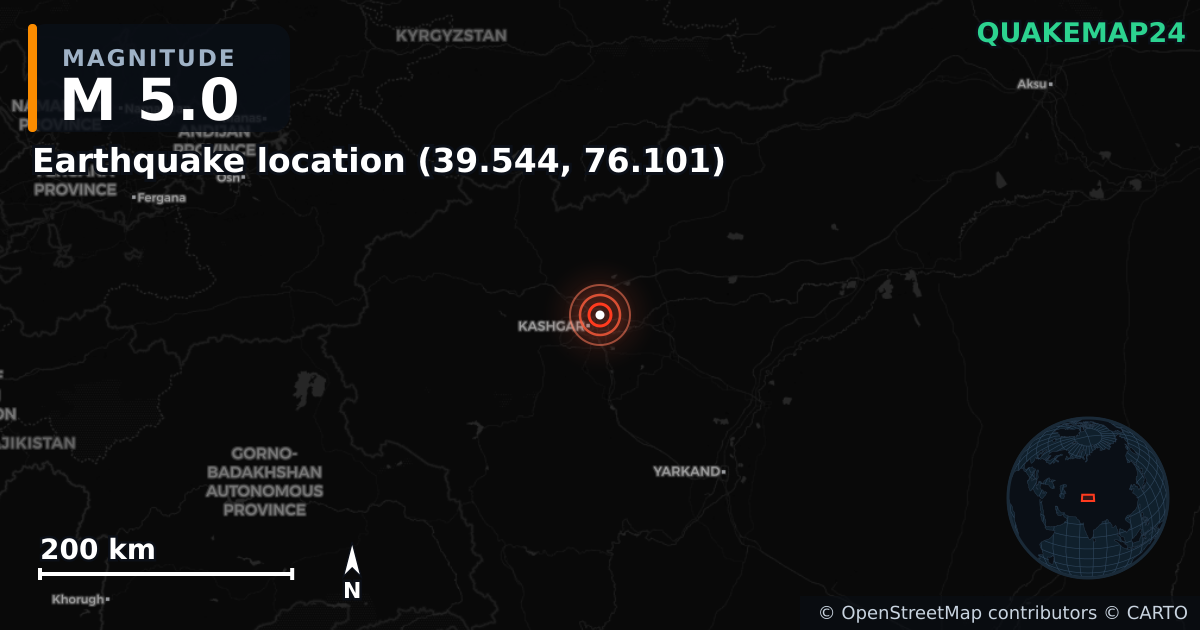 M5.0 earthquake near Earthquake location (39.544, 76.101) on Jun 7, 2025 — map of epicenter and shaking intensity | QuakeMap24