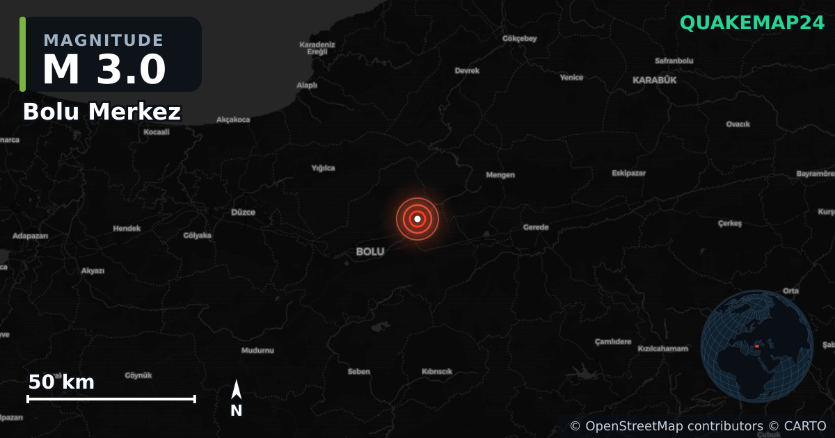 M3.0 earthquake near Bolu Merkez on Aug 27, 2025 — map of epicenter and shaking intensity | QuakeMap24