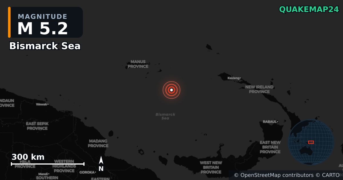 M5.2 earthquake near Bismarck Sea on Oct 10, 2025 — map of epicenter and shaking intensity | QuakeMap24