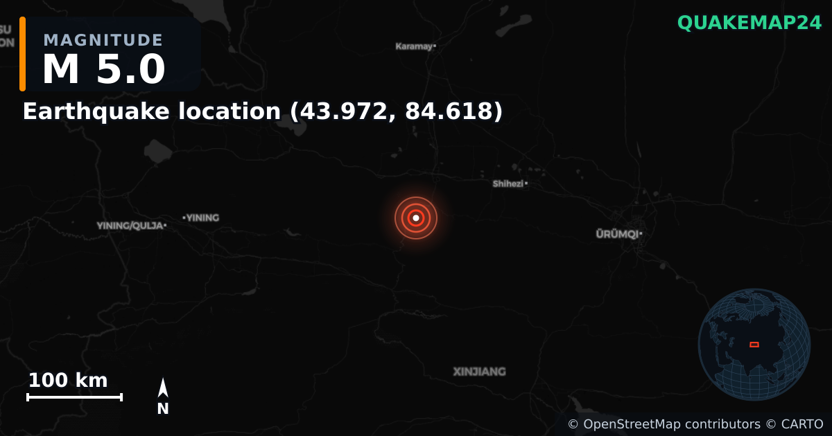 M5.0 earthquake near Deprem konumu (43.972, 84.618) on Jul 6, 2025 — map of epicenter and shaking intensity | QuakeMap24