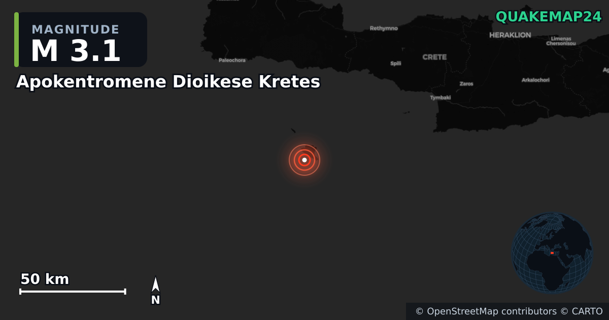 M3.1 earthquake near Apokentromene Dioikese Kretes on Nov 14, 2025 — map of epicenter and shaking intensity | QuakeMap24
