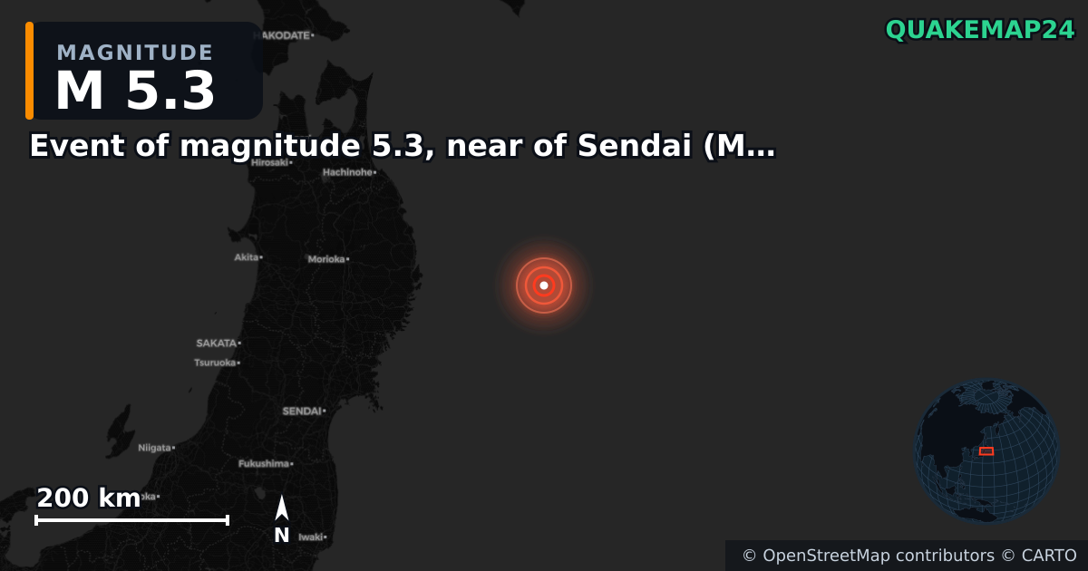 M5.3 earthquake near Event of magnitude 5.3, near of Sendai (Monde) on Nov 3, 2025 — map of epicenter and shaking intensity | QuakeMap24