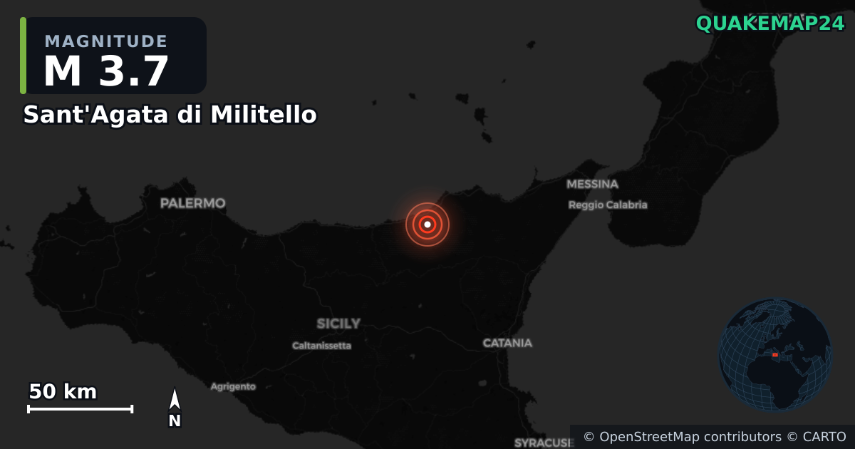 M3.7 earthquake near Sant'Agata di Militello on Jan 19, 2026 — map of epicenter and shaking intensity | QuakeMap24