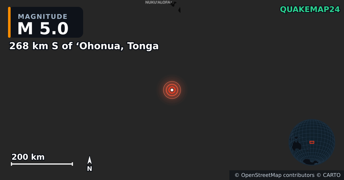 M5.0 earthquake near 268 km S of ‘Ohonua, Tonga on Feb 28, 2025 — map of epicenter and shaking intensity | QuakeMap24