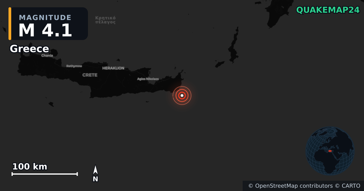 M4.1 earthquake near Greece on May 5, 2026 — map of epicenter and shaking intensity | QuakeMap24