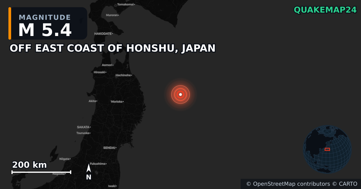 M5.4 earthquake near OFF EAST COAST OF HONSHU, JAPAN on Apr 21, 2026 — map of epicenter and shaking intensity | QuakeMap24
