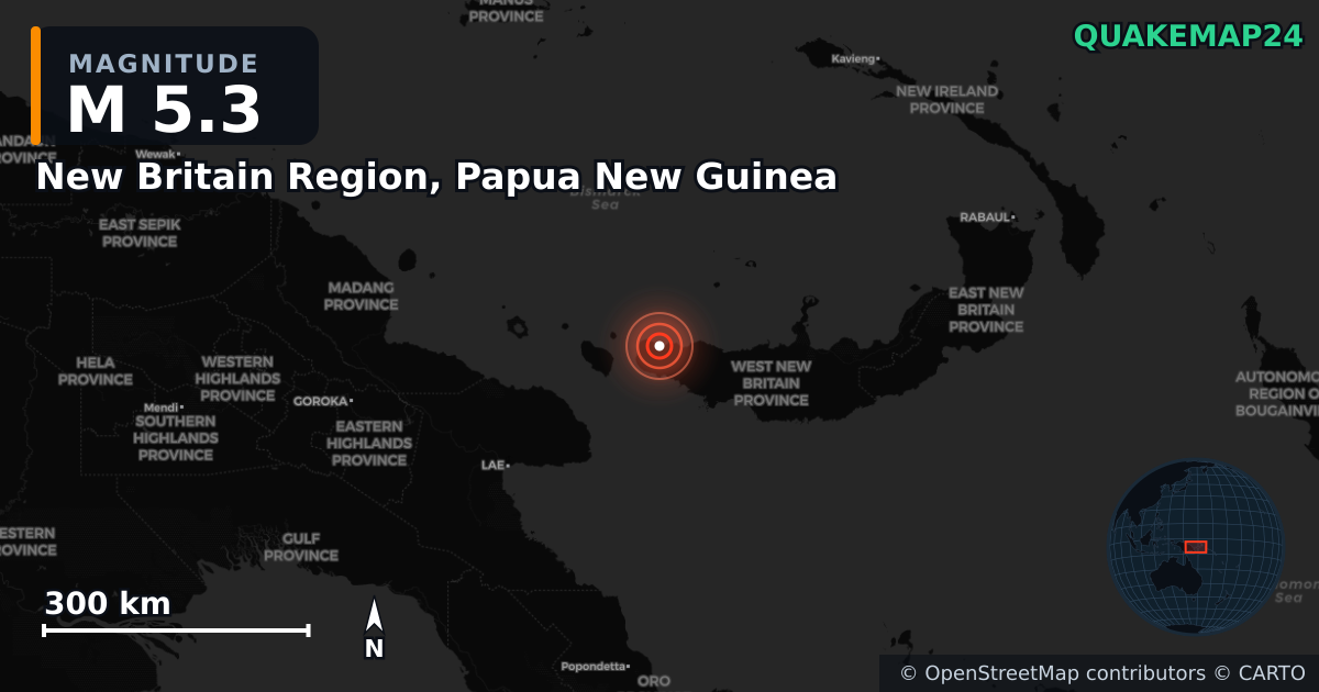 M5.3 earthquake near New Britain Region, Papua New Guinea on Apr 17, 2026 — map of epicenter and shaking intensity | QuakeMap24