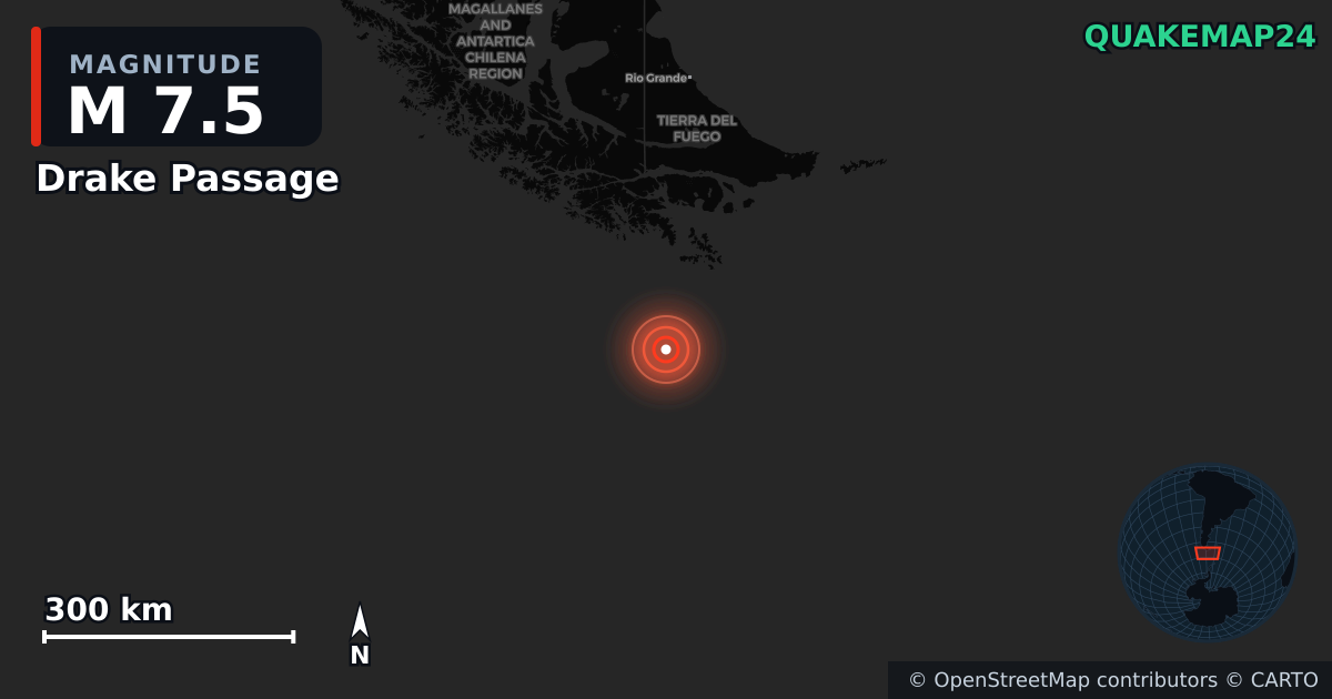 M7.5 earthquake near Drake Passage on May 2, 2025 — map of epicenter and shaking intensity | QuakeMap24