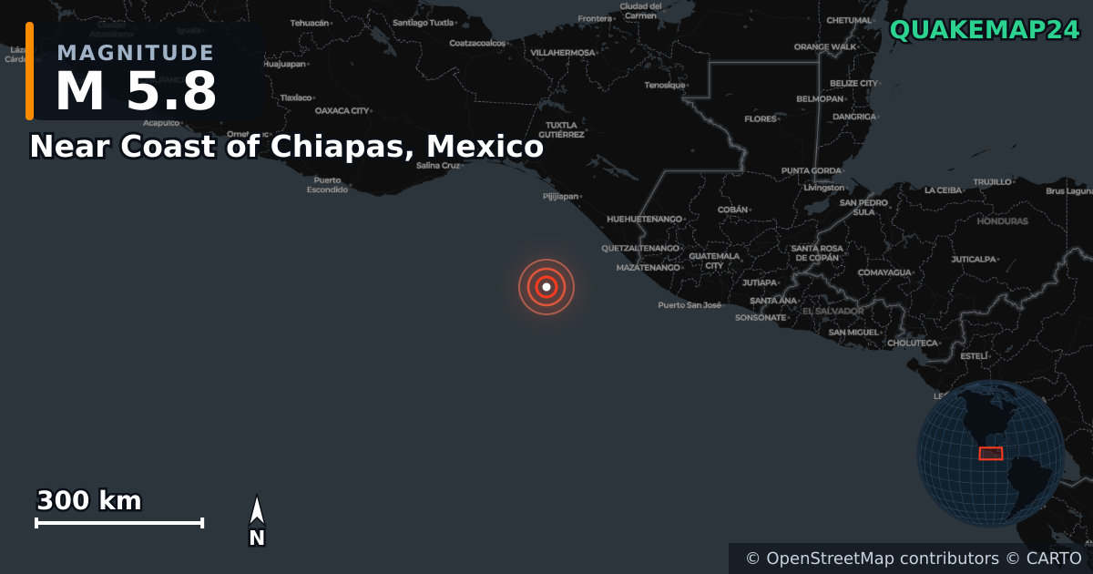 Σεισμός M5,8 κοντά στο Near Coast of Chiapas, Mexico · 2026-07-17 — Χάρτης της θέσης του επικέντρου