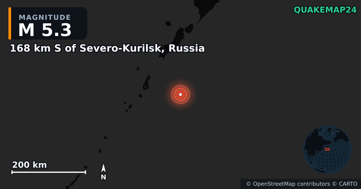 168 km S of Severo-Kurilsk, Russia yakınında M5,3 deprem — Deprem merkez üssünün konumunu gösteren harita