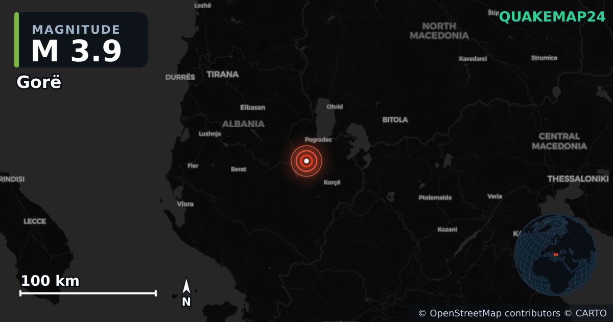 M3.9 earthquake near Gorë on Jan 16, 2026 — map of epicenter and shaking intensity | QuakeMap24