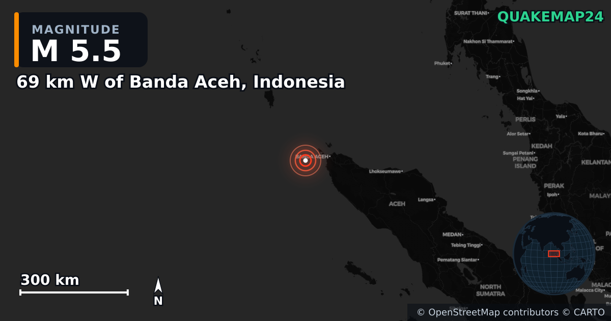 M5.5 earthquake near 69 km W of Banda Aceh, Indonesia on Mar 7, 2025 — map of epicenter and shaking intensity | QuakeMap24