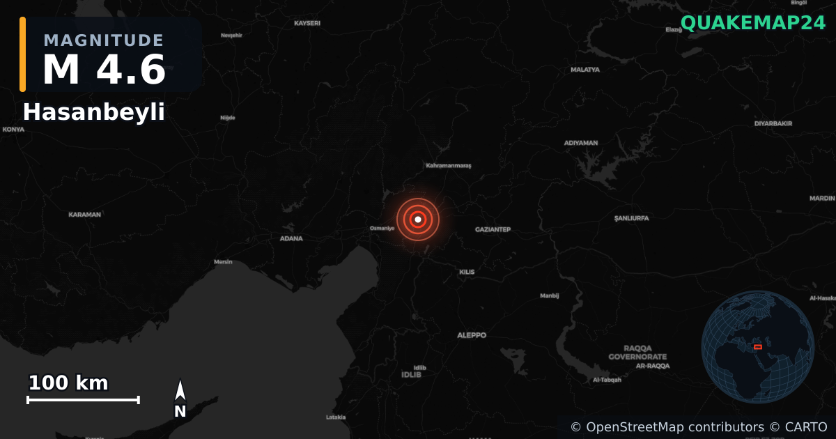 M4.6 earthquake near Hasanbeyli on Nov 20, 2025 — map of epicenter and shaking intensity | QuakeMap24
