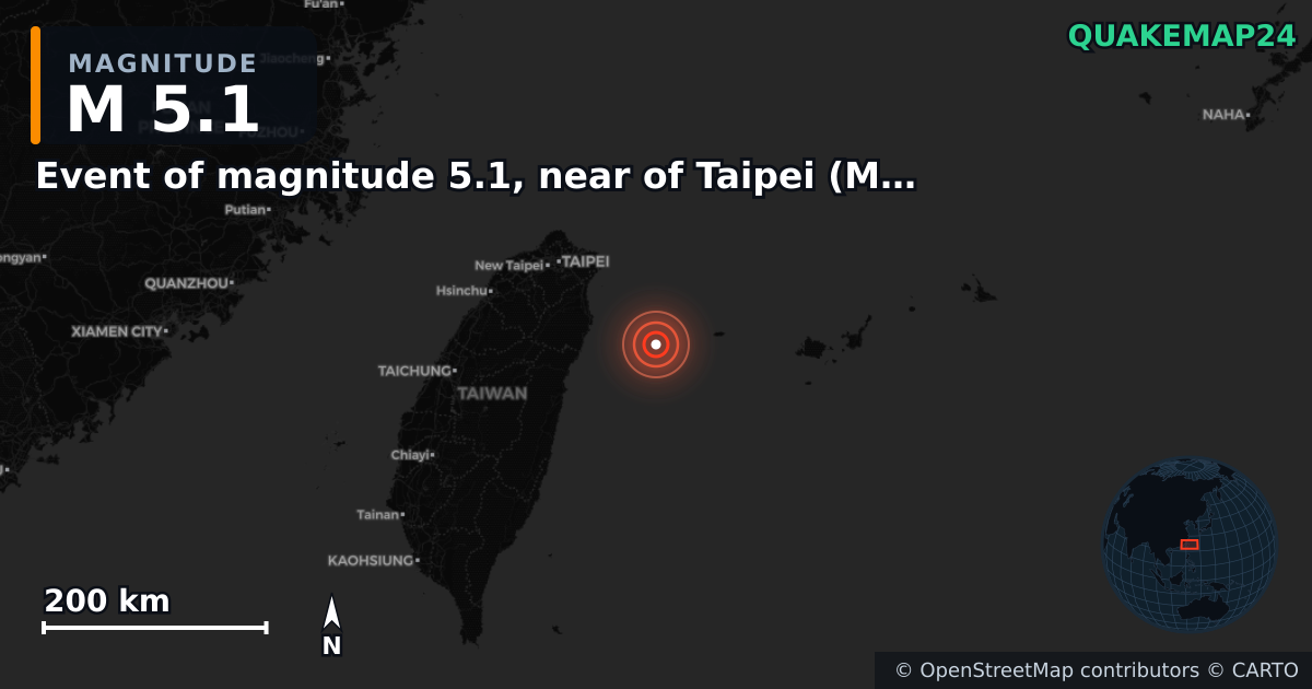 M5.1 earthquake near Event of magnitude 5.1, near of Taipei (Monde) on Oct 18, 2025 — map of epicenter and shaking intensity | QuakeMap24