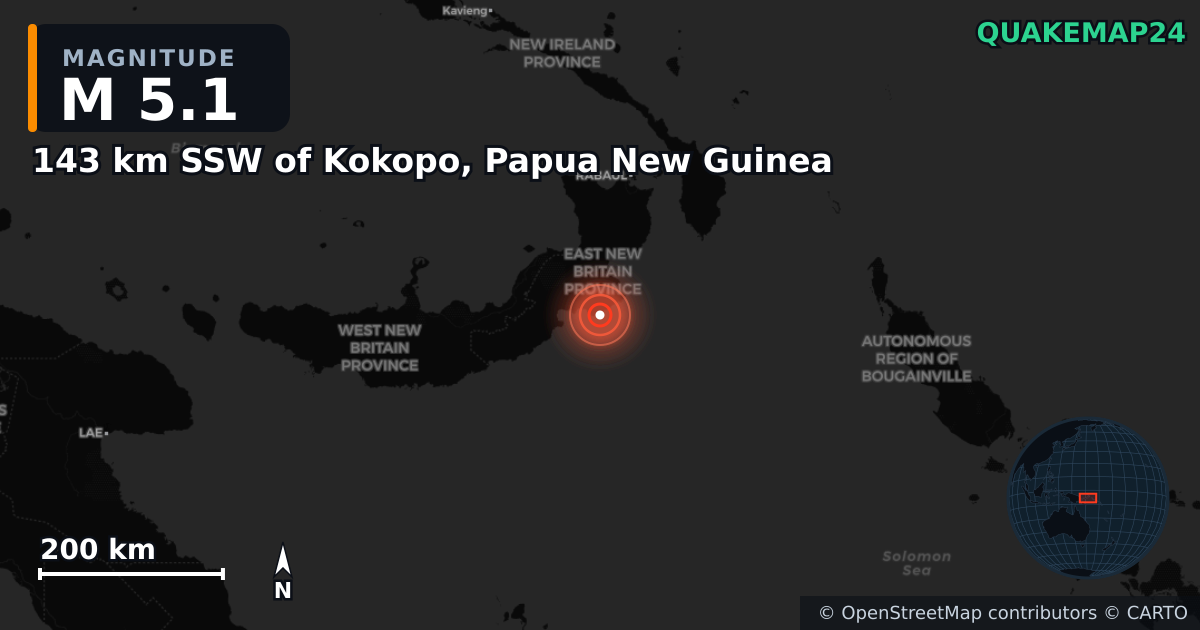 M5.1 earthquake near 143 km SSW of Kokopo, Papua New Guinea on Feb 4, 2025 — map of epicenter and shaking intensity | QuakeMap24
