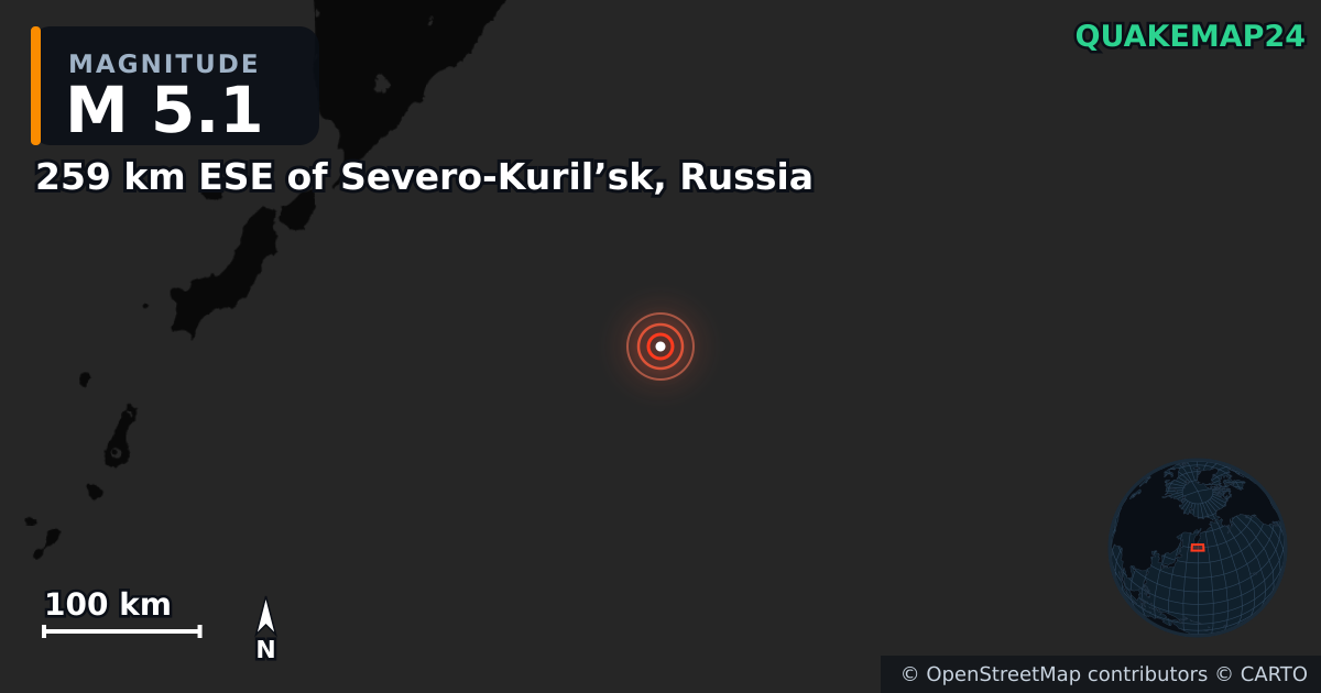 259 km ESE of Severo-Kuril’sk, Russia yakınında M5,1 deprem — Deprem merkez üssünün konumunu gösteren harita