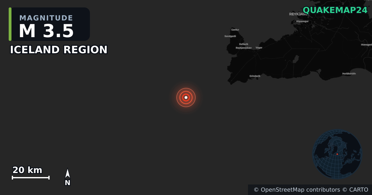 M3.5 earthquake near ICELAND REGION on May 24, 2025 — map of epicenter and shaking intensity | QuakeMap24