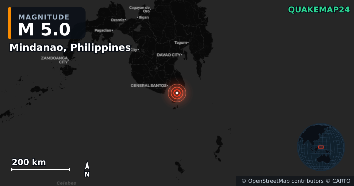 Σεισμός M5,0 κοντά στο Mindanao, Philippines — Χάρτης της θέσης του επικέντρου