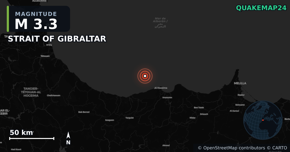 M3.3 earthquake near STRAIT OF GIBRALTAR on Oct 18, 2025 — map of epicenter and shaking intensity | QuakeMap24