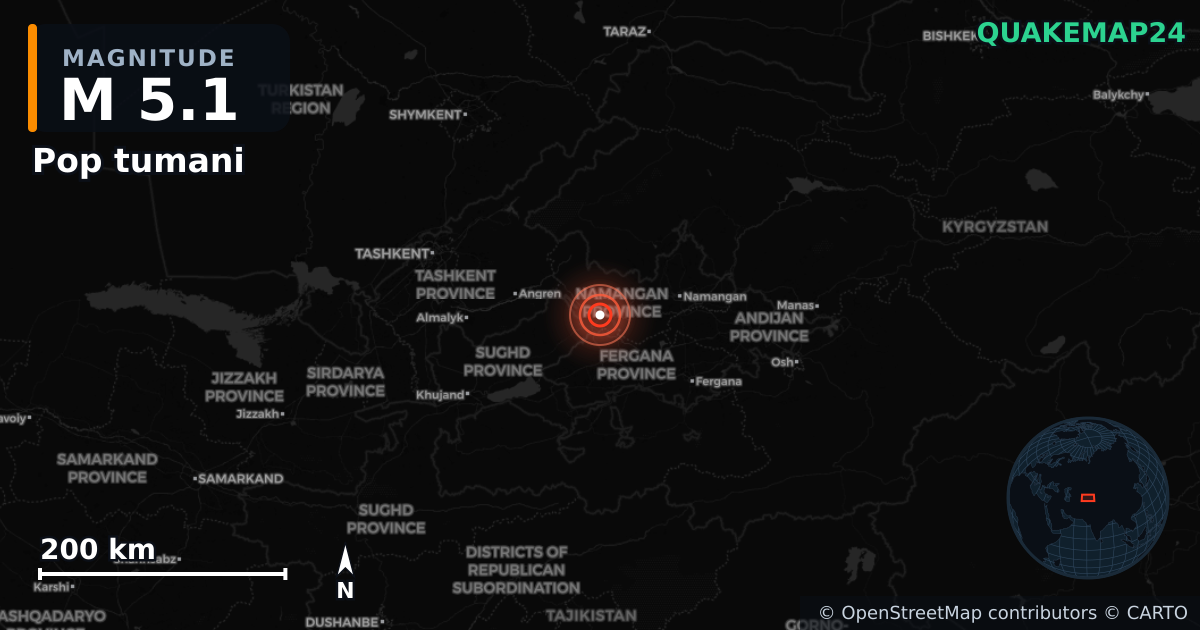 M5.1 earthquake near Pop tumani on Dec 5, 2025 — map of epicenter and shaking intensity | QuakeMap24
