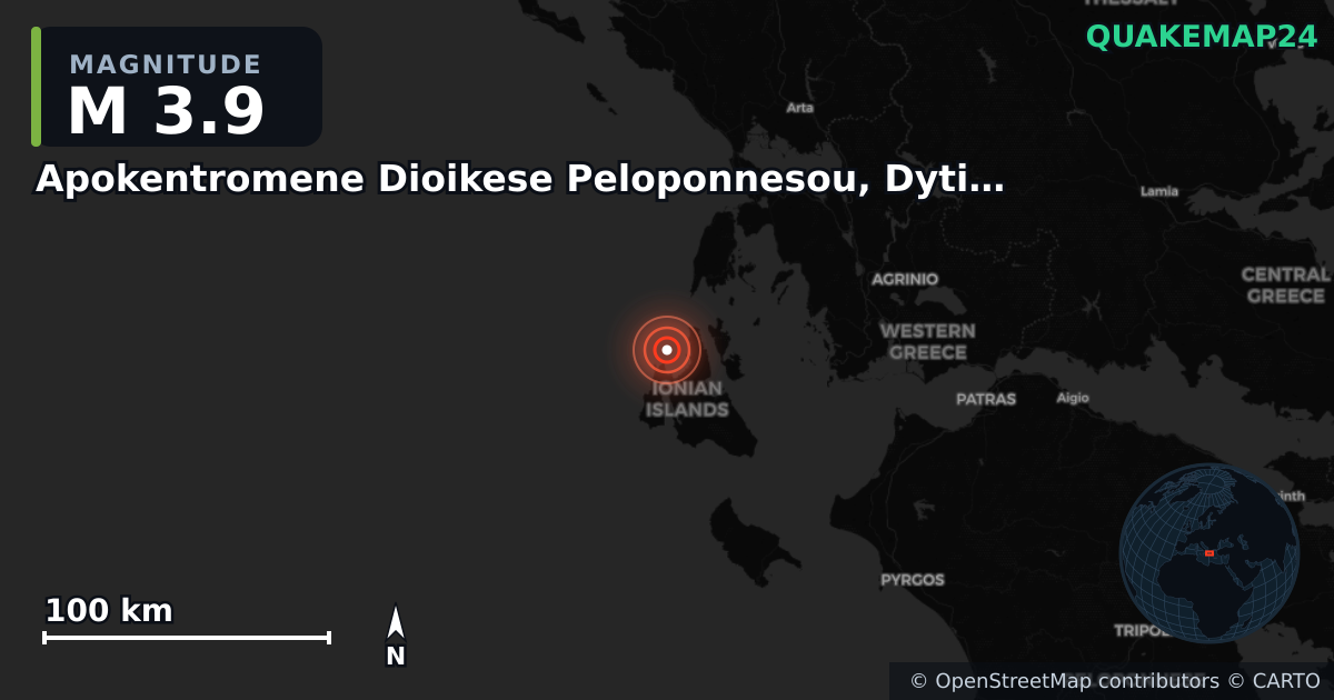 M3.9 earthquake near Apokentromene Dioikese Peloponnesou, Dytikes Elladas kai Ioniou on Sep 27, 2025 — map of epicenter and shaking intensity | QuakeMap24