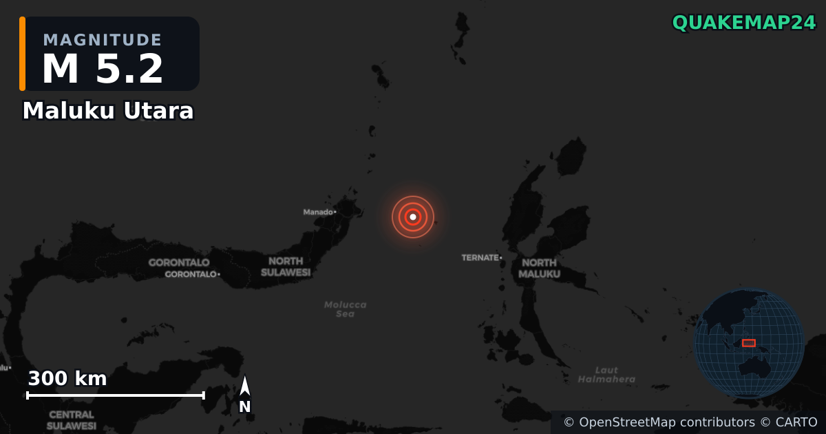Erdbeben M5,2 bei Maluku Utara (Indonesien) — Karte der Lage des Epizentrums
