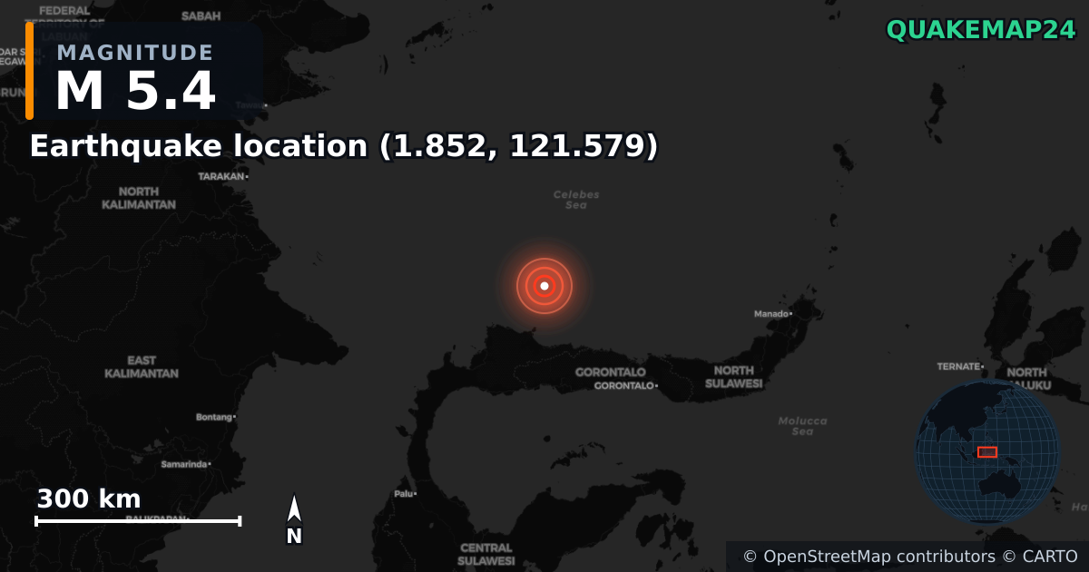 M5.4 earthquake near Deprem konumu (1.852, 121.579) on Apr 2, 2026 — map of epicenter and shaking intensity | QuakeMap24