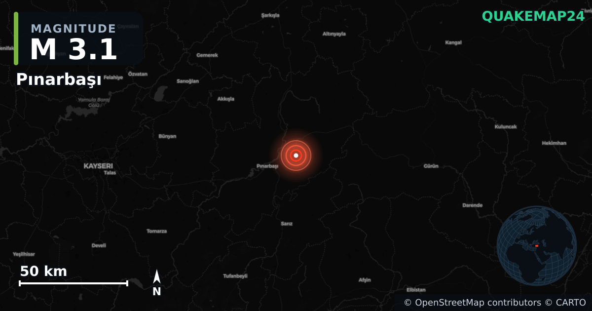 M3.1 earthquake near Pınarbaşı on Jun 28, 2026 — map of epicenter and shaking intensity | QuakeMap24